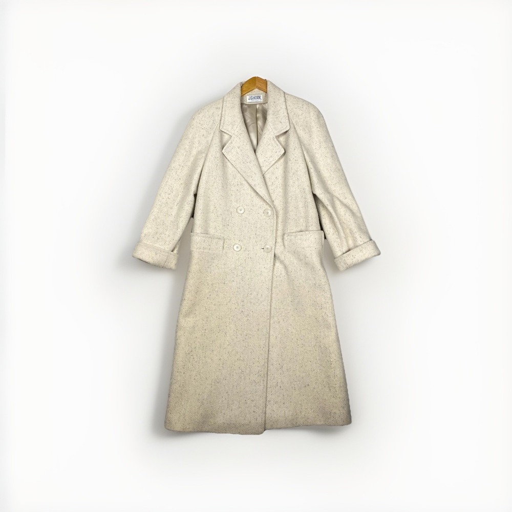 Vtg‎ JG Hook Wool Coat Womens L/XL Cream Speckled Double Breasted Made in USA